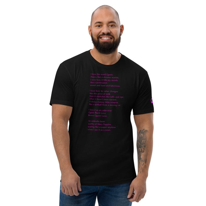 Model wearing black fitted t-shirt featuring Leo Herrera's queer poem "Gumballs" in fuschia text, Adam's Nest Provincetown