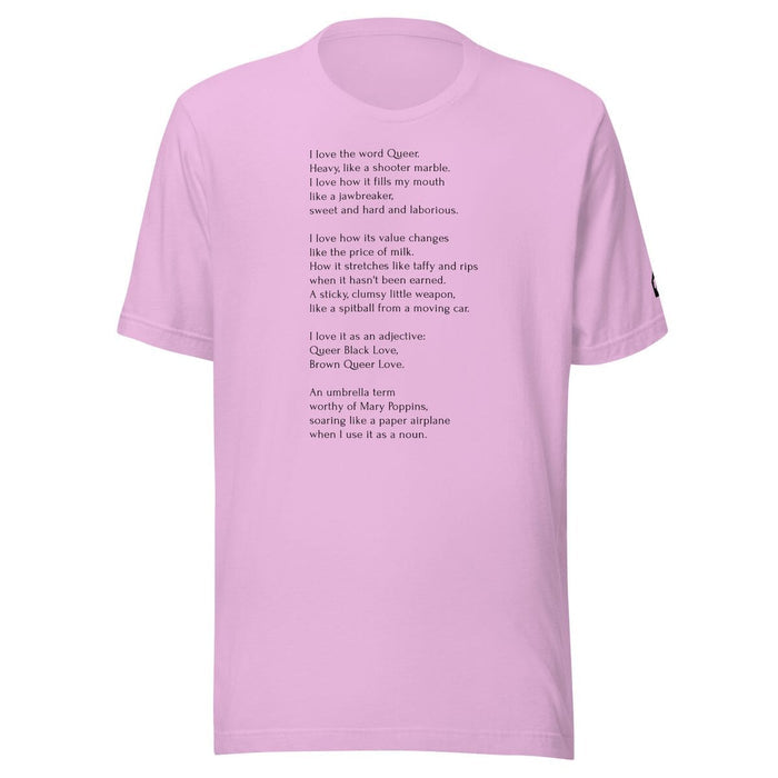 Lilac unisex t-shirt featuring Leo Herrera's queer poem "Gumballs" printed in black text, sold at Adam's Nest Provincetown