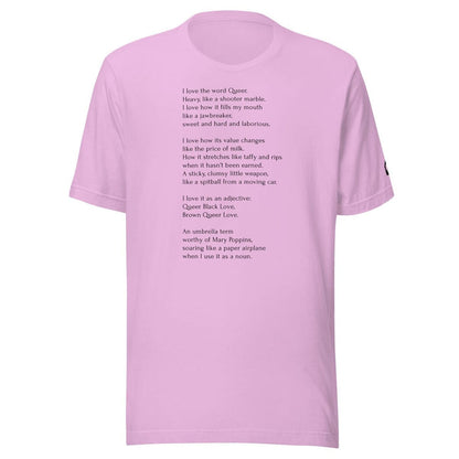 Lilac unisex t-shirt featuring Leo Herrera's queer poem "Gumballs" printed in black text, sold at Adam's Nest Provincetown