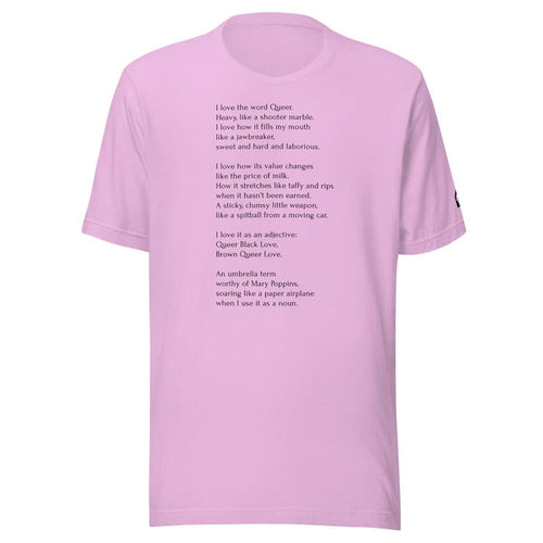Lilac unisex t-shirt featuring Leo Herrera's queer poem "Gumballs" printed in black text, sold at Adam's Nest Provincetown