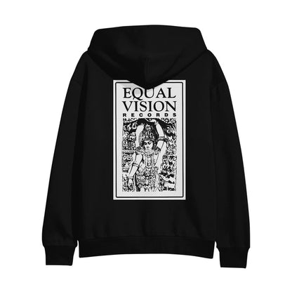 The back of the hoodie has an image of the equal vision records logo: a picture of Krishna(the Hindu deity) in black and white.