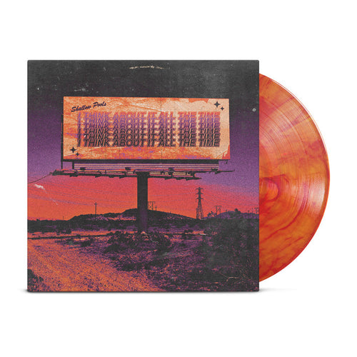 Shallow Pools I Think About It All The Time Vinyl LP. album art depicts a billboard on the side of the road in the desert with the title of the album on the billboard repeating a few times. the vinyl color is yellow and orange marble.