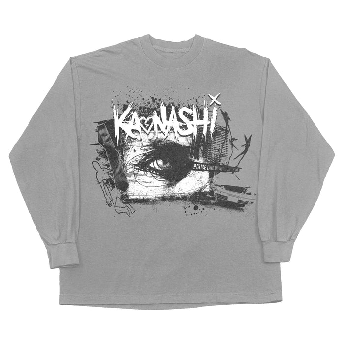 A light gray long sleeve top has "Kaonashi" with a heart as the "o" in white words on top of a sketch of a dark eye surrounded by a white illustration.