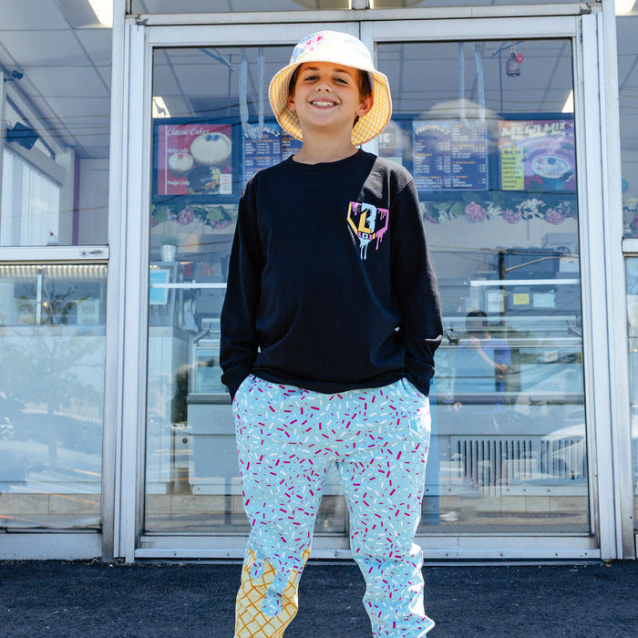 Youth model wearing ice Cream Long Sleeve Cotton Candy youth graphic tee