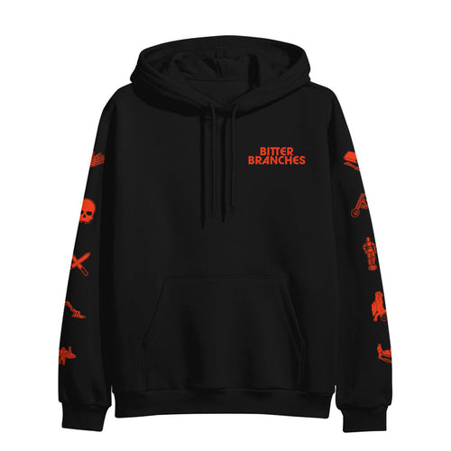 A black sweatshirt by Bitter Branches with red sleeve graphics featuring a skull, knife, and more, plus BITTER BRANCHES text on the chest—ideal for fans of unique custom apparel.