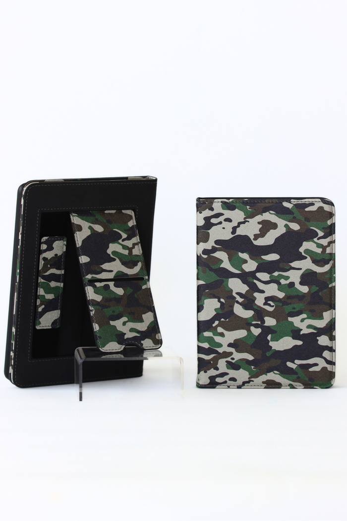 Camouflage-patterned case for a kindle on a white background