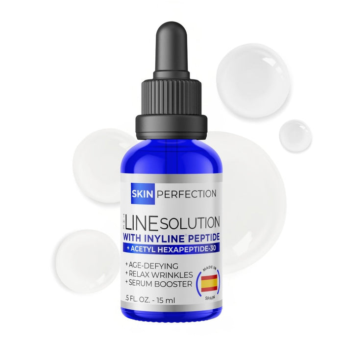 Skincare serum bottle with dropper labeled 'Skin Perfection' on a white background with opaque droplets