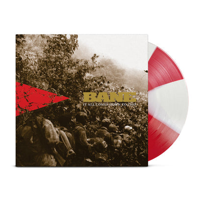 The image shows a Limited Edition Bane vinyl with a red and white Candy Cane split, partially out of its cover. The album artwork features sepia-toned soldiers and bold text: BANE and It All Comes Down To This.