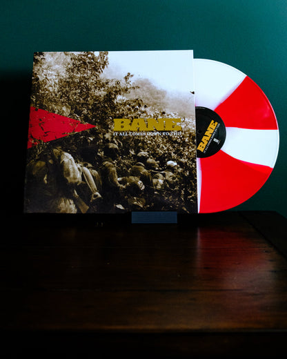 A Limited Edition Bane vinyl with a Candy Cane red and white split design is partially out of its sleeve. The "It All Comes Down To This" album cover shows an outdoor crowd beneath trees.