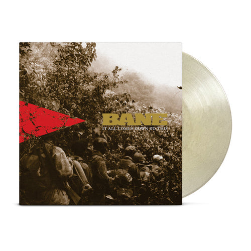 The Bane It All Comes Down to This Limited Edition vinyl features sepia-toned soldiers on the cover and a bold red streak; the record itself is a pale, marble-like color with a natural sparkle.