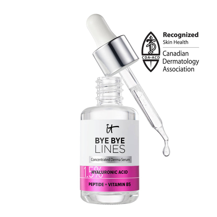 IT Cosmetics Bye Bye Lines Hyaluronic Acid Serum 30ml, clear bottle with dropper for youthful skin, in a beauty product image.