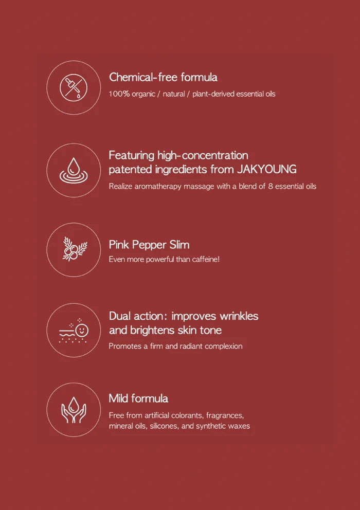 Product features on a red background with icons and text.