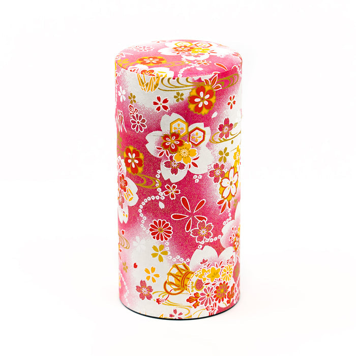 Cylindrical container with floral pattern on a white background