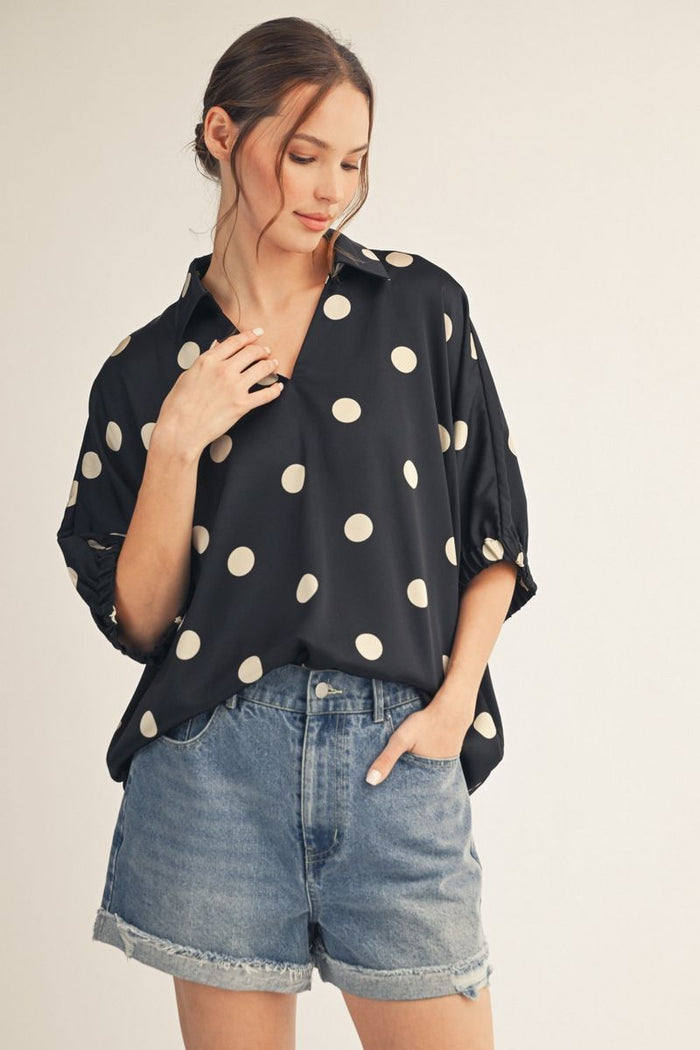 Jodifl Polka Dot Satin Collared Top