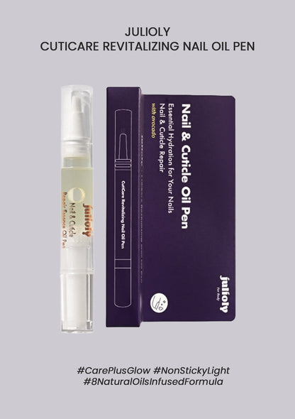 JuliOly CutiCare Revitalizing Nail Oil Pen packaging and the pen itself displayed with a focus on the product's natural oil formula.