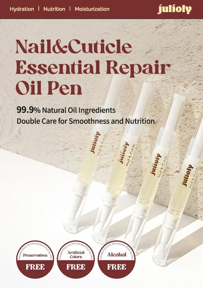 Advertisement for Julify Nail & Cuticle Essential Repair Oil Pen with product packaging and branding.