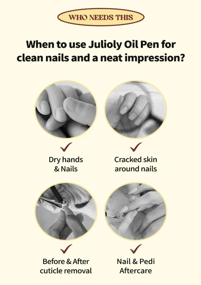 Instructions on when to use Julioly Oil Pen for nail care on a beige background