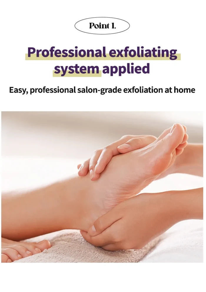 Person applying exfoliating system to a foot with text about professional exfoliation system applied.