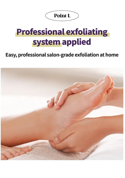 Person applying exfoliating system to a foot with text about professional exfoliation system applied.