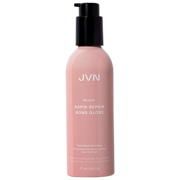 JVN Revive Rapid Repair Bond Gloss Shine bottle, 177 ml, with sleek packaging and a clear product label, showcasing hair care benefits.