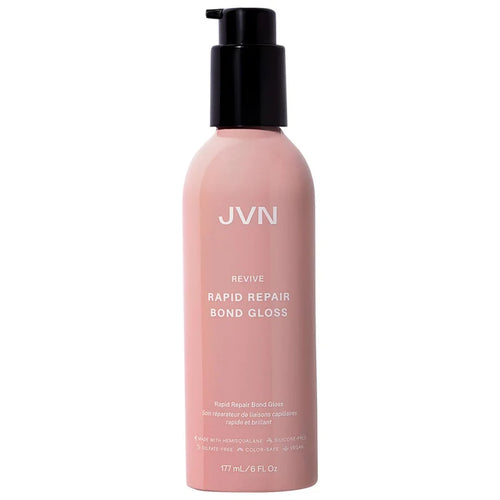 JVN Revive Rapid Repair Bond Gloss Shine bottle, 177 ml, with sleek packaging and a clear product label, showcasing hair care benefits.