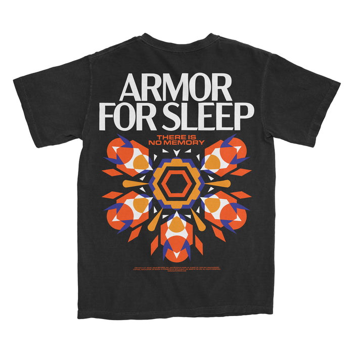 Black Comfort Colors t-shirt by Armor For Sleep featuring bold white ARMOR FOR SLEEP text, THERE IS NO MEMORY in orange, and a geometric orange, blue, and white back design.