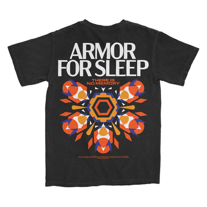 Black Comfort Colors t-shirt by Armor For Sleep featuring bold white ARMOR FOR SLEEP text, THERE IS NO MEMORY in orange, and a geometric orange, blue, and white back design.