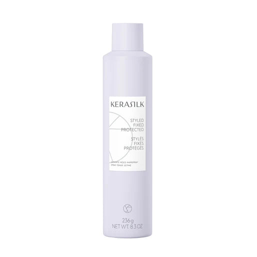 Kerasilk Ultimate Hold Hairspray 236g by KERASILK, new in box, showcasing the aerosol can with product branding and packaging