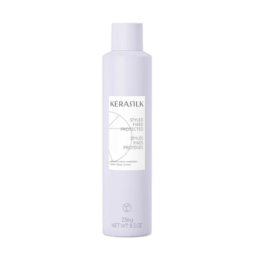 Kerasilk Ultimate Hold Hairspray 236g by KERASILK, new in box, showcasing the aerosol can with product branding and packaging