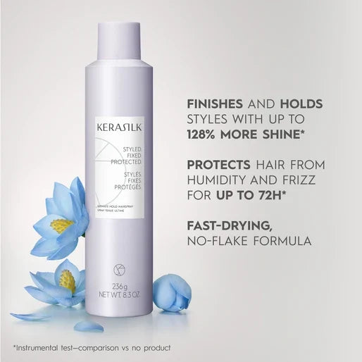 Kerasilk Ultimate Hold Hairspray 236g bottle, beauty product with aerosol spray for strong, long-lasting hair hold.