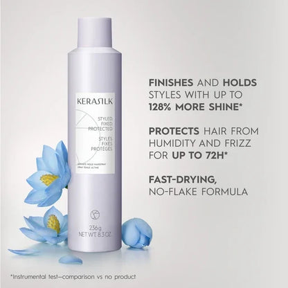 Kerasilk Ultimate Hold Hairspray 236g bottle, beauty product with aerosol spray for strong, long-lasting hair hold.