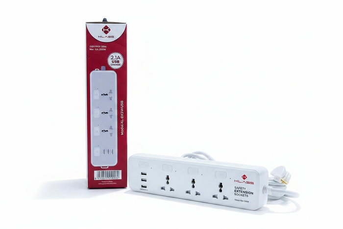 Klass KL-EX3WUSB 3-Way Extension Socket - White Background