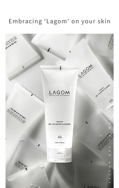 LAGOM Cellup Gel To Water Cleanser 170ml tube surrounded by product sachets