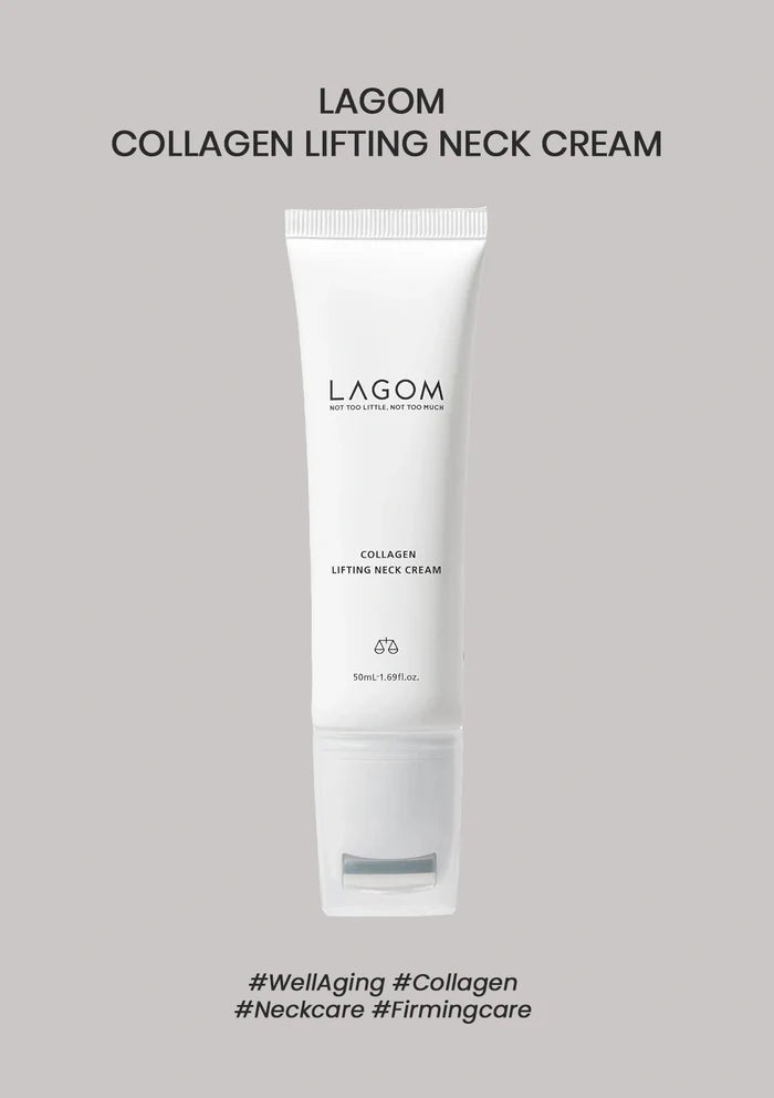 LAGOM Collagen Lifting Neck Cream 50ml tube with roller on a warm grey background