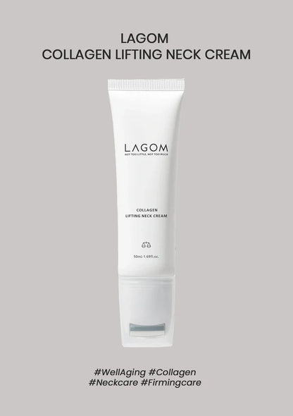 LAGOM Collagen Lifting Neck Cream 50ml tube with roller on a warm grey background