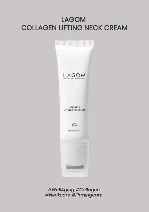 LAGOM Collagen Lifting Neck Cream 50ml tube with roller on a warm grey background