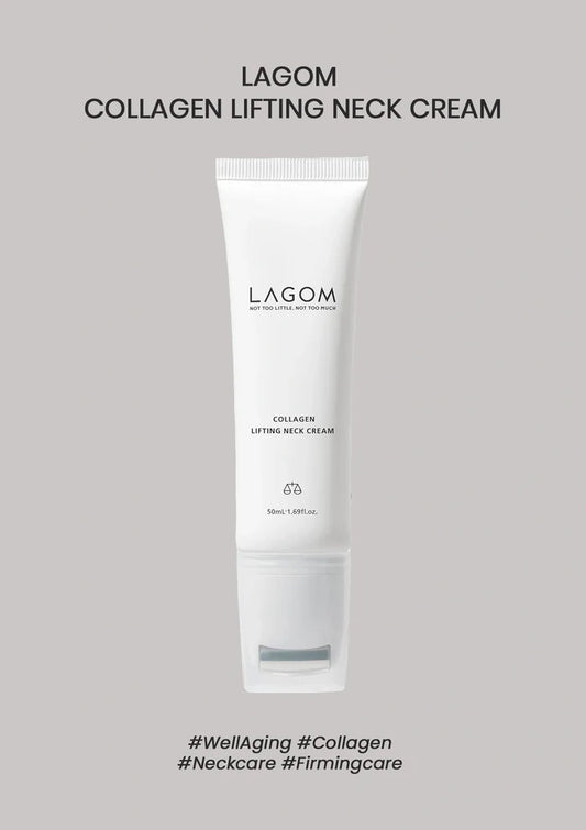 LAGOM Collagen Lifting Neck Cream 50ml tube with roller on a warm grey background