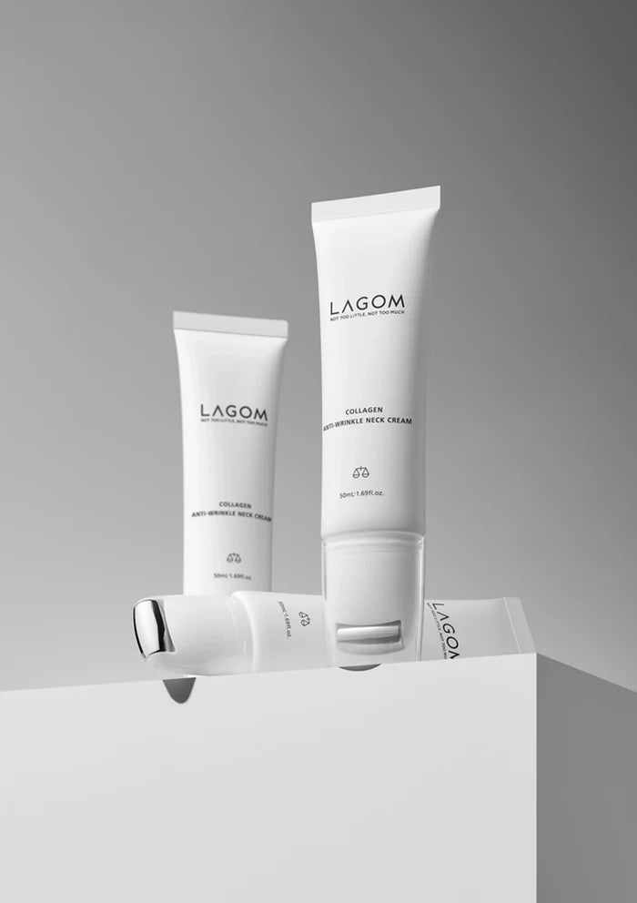 Three LAGOM Collagen Lifting Neck Cream tubes arranged on a grey background