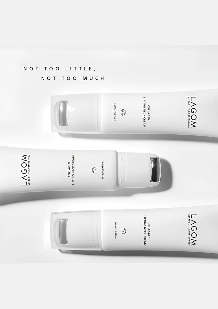 Three LAGOM Collagen Lifting Neck Cream tubes with minimal grey styling