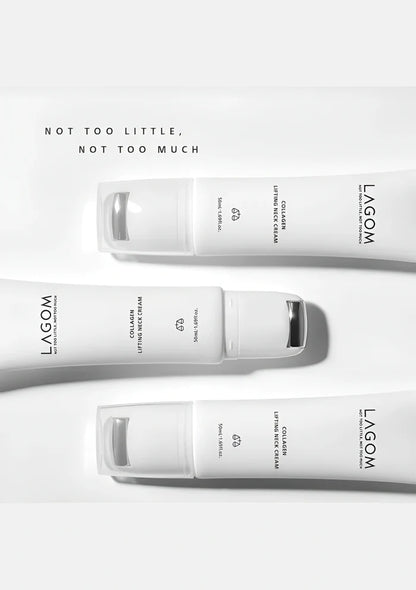 Three LAGOM Collagen Lifting Neck Cream tubes with minimal grey styling