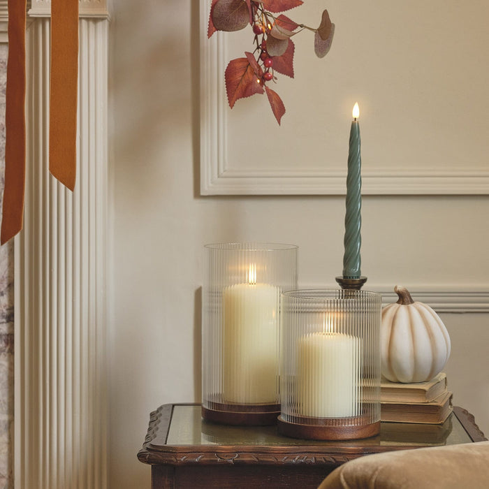 Large TruGlow® LED Candle and Fluted Glass Hurricane Candle Holder with Remote Control