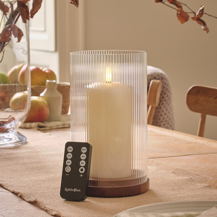 Large TruGlow® LED Candle and Fluted Glass Hurricane Candle Holder with Remote Control