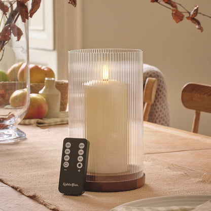 Large TruGlow® LED Candle and Fluted Glass Hurricane Candle Holder with Remote Control