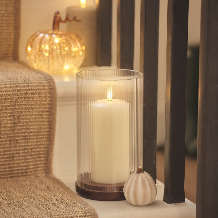 Large TruGlow® LED Candle and Fluted Glass Hurricane Candle Holder with Remote Control