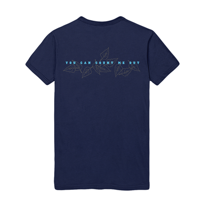 Navy blue Bane Hammer t-shirt with an outline of leaves and “YOU CAN COUNT ME OUT” in light blue caps across the upper back—an iconic design for those who stand out.