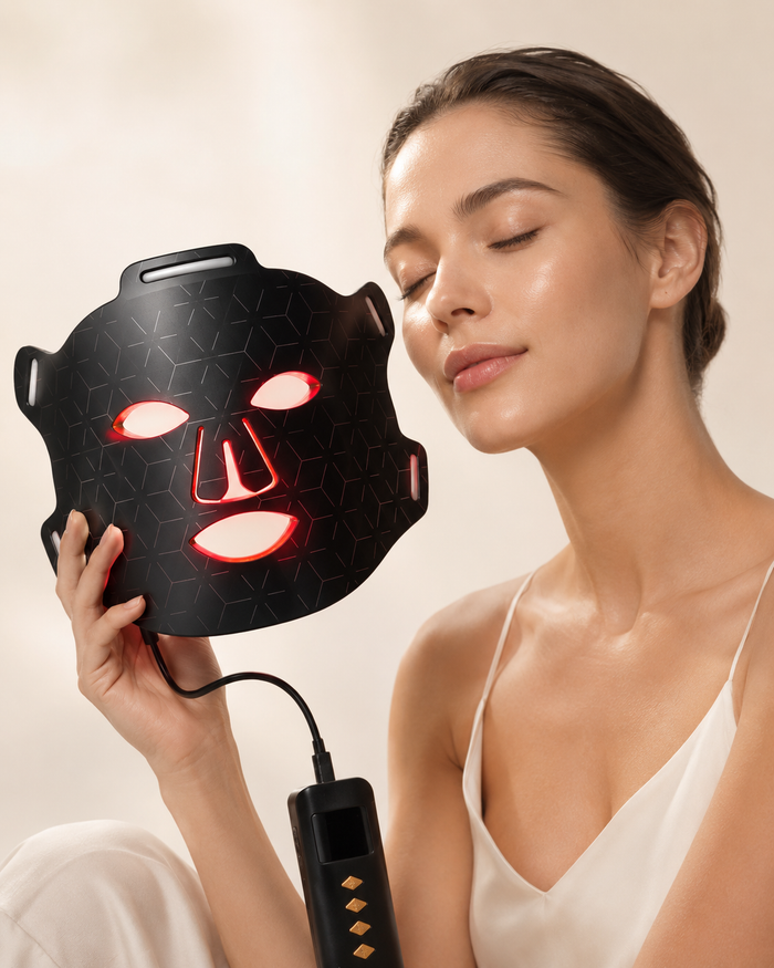 Luminmax LED LED face mask with handheld controller shown for at-home red light therapy routine