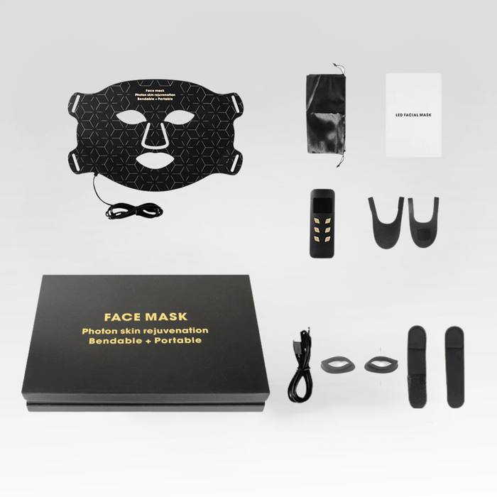 Luminmax LED face mask set with controller, accessories, and product box