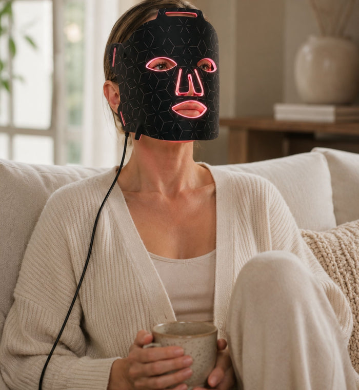 Woman using LuminmaxLED red and near-infrared LED light therapy mask at home on the couch