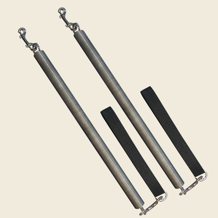 Pair of Gratz leg springs with black canvas loops and double hooks for Cadillac.
