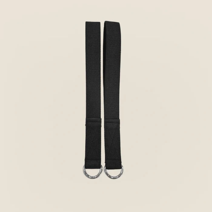 Pair of black webbing Pilates straps with 9-inch loops and silver D-rings.
